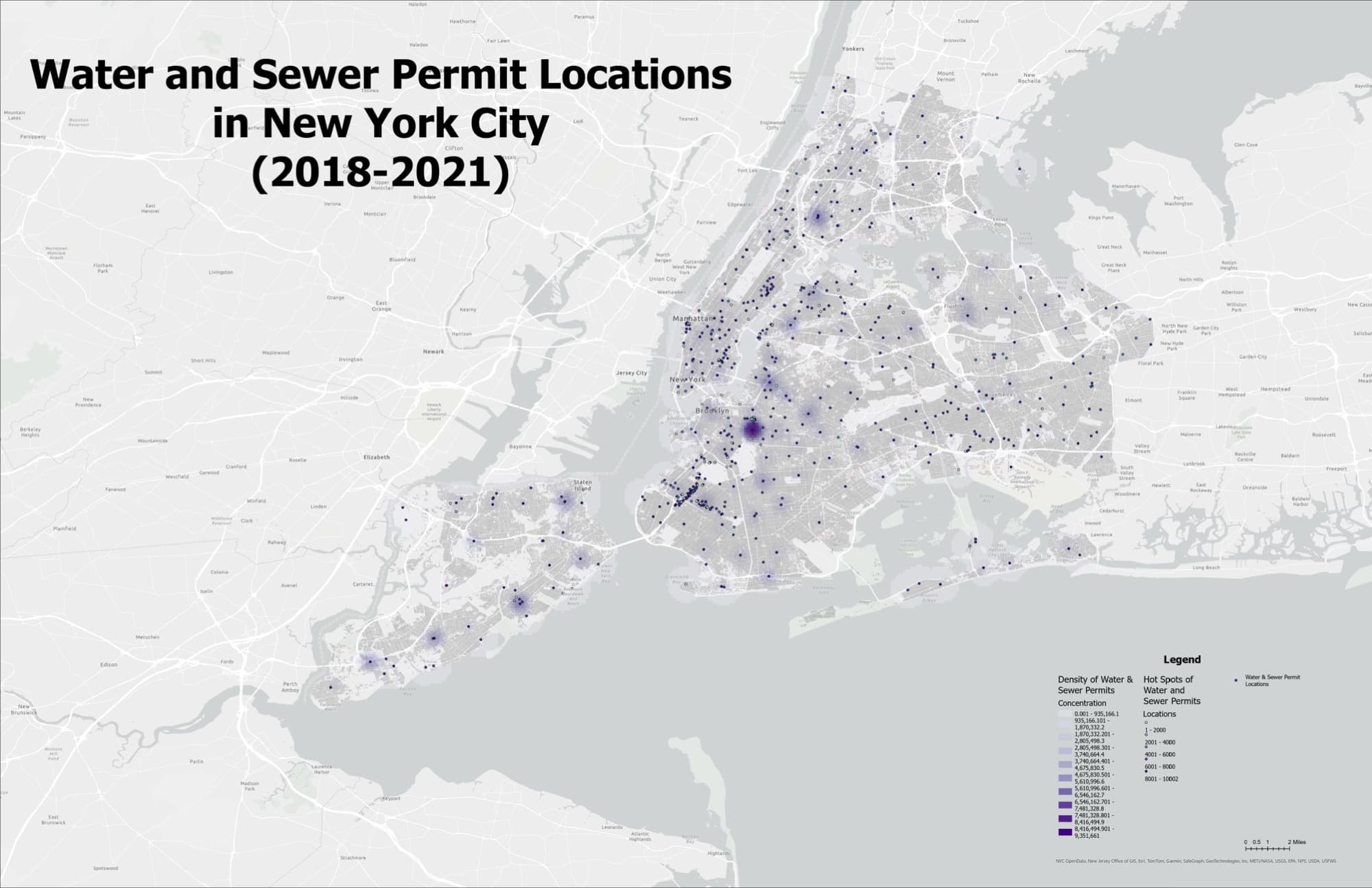Water and Sewer Permit Locations in New York City (2018–2021) — Kernel Density and Hot Spot Analysis